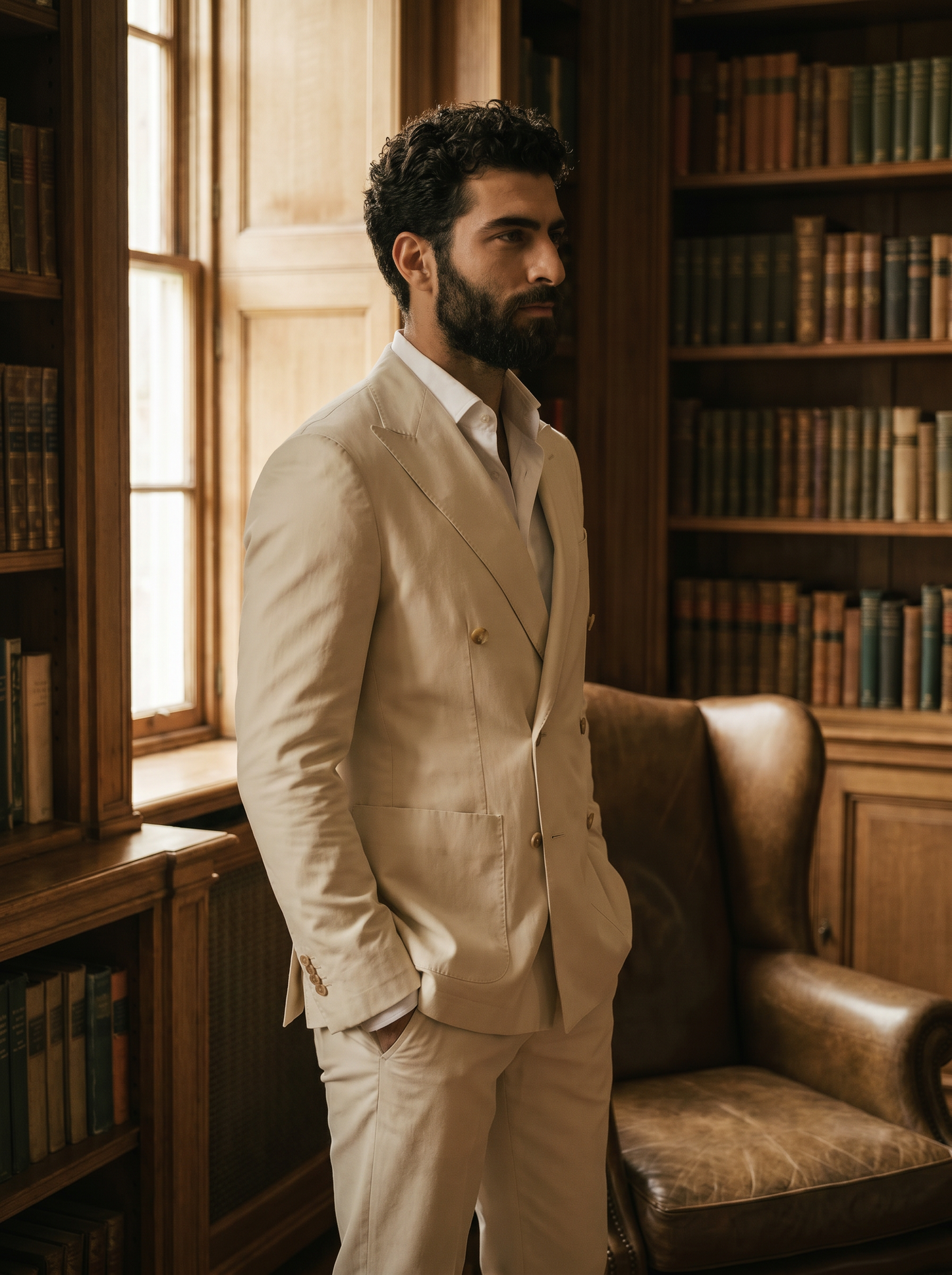 Ecru Cotton Double Breasted Suit — Custom Made to Measure - side view