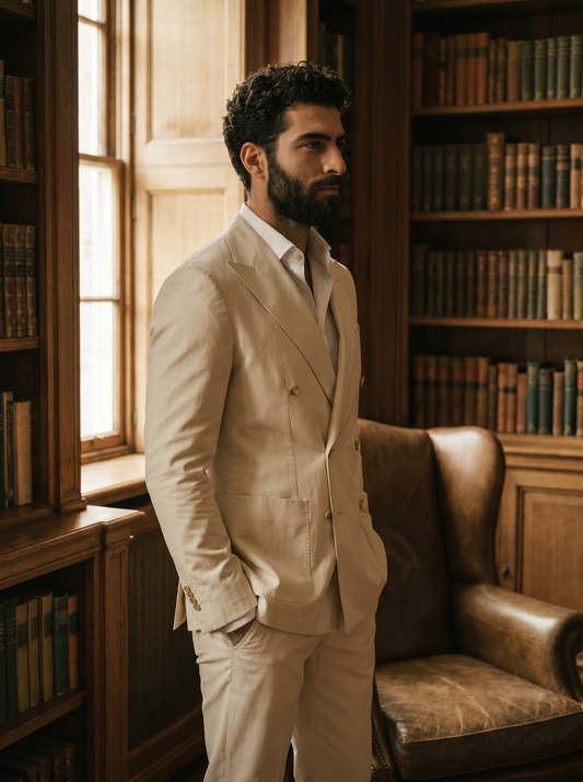 Ecru Cotton Double Breasted Suit — Custom Made to Measure - side view