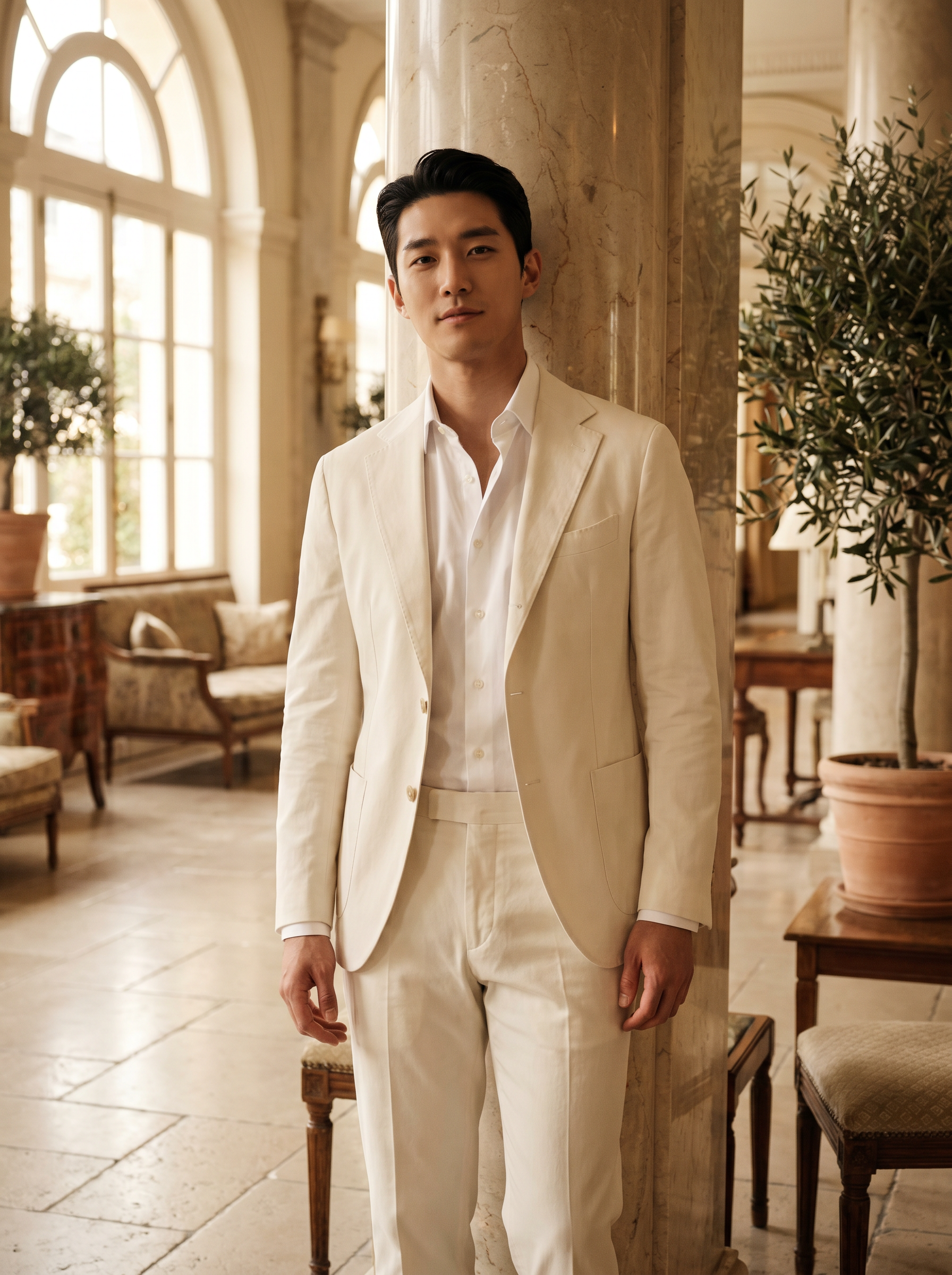 Ecru Cotton Groomsmen Suit — Custom Made to Measure - front view