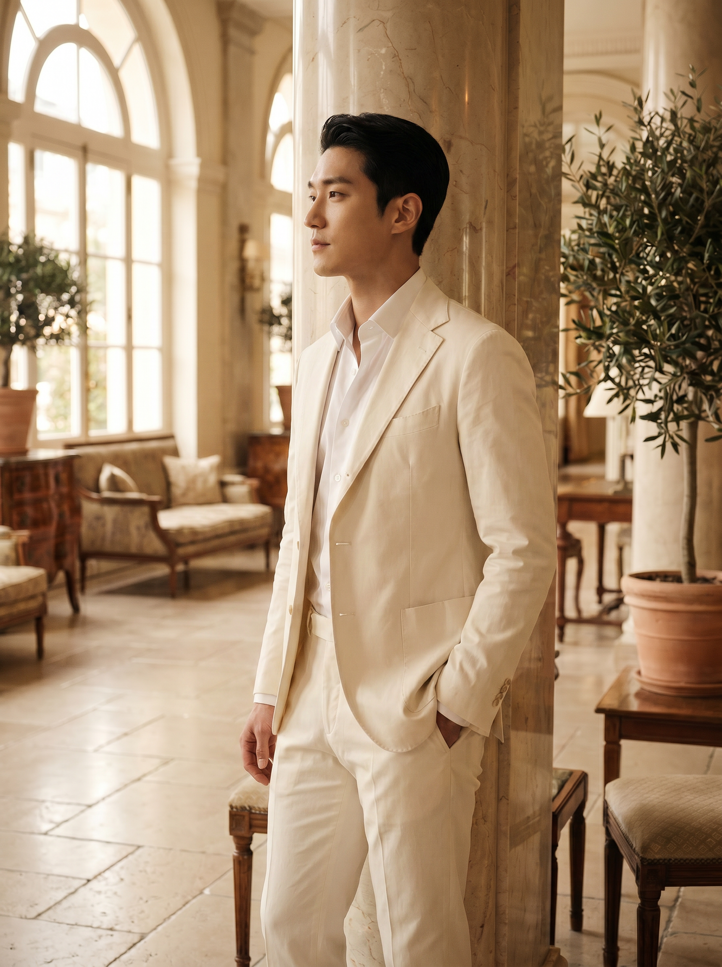 Ecru Cotton Groomsmen Suit — Custom Made to Measure - side view