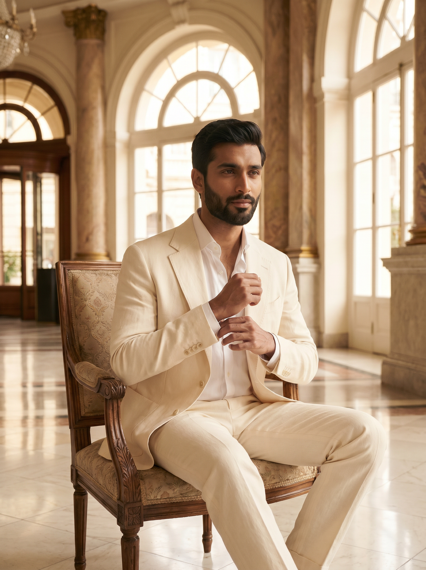 Ecru Cotton Suit — Custom Made to Measure - seated view