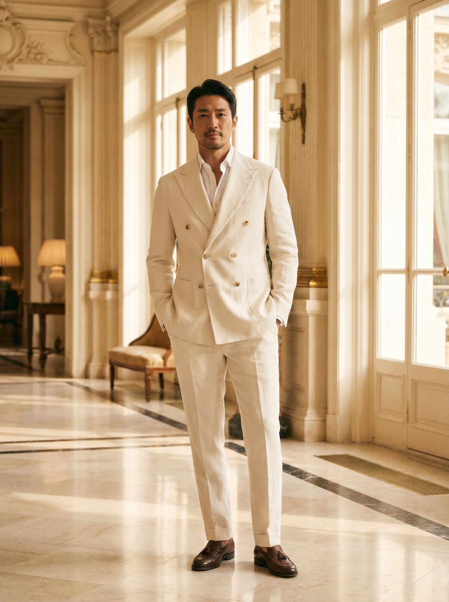 Ecru Linen Double Breasted Suit — Custom Made to Measure - front view