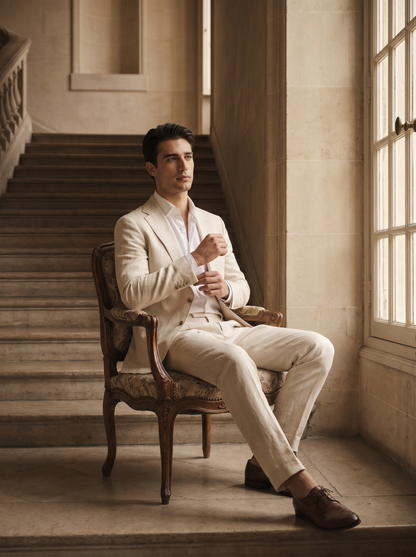 Ecru Linen Groomsmen Suit — Custom Made to Measure - seated view