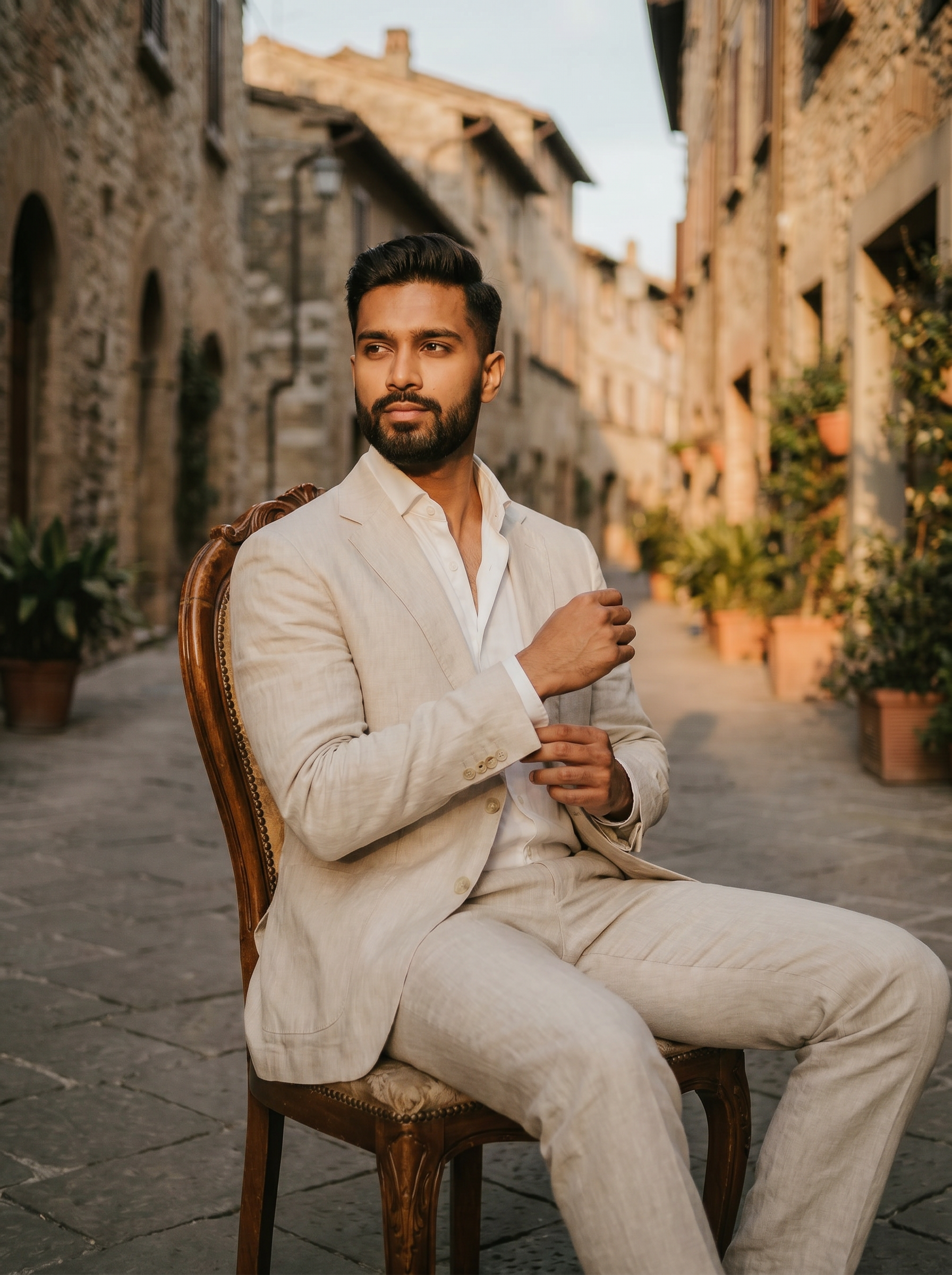 Ecru Linen Suit — Custom Made to Measure - seated view