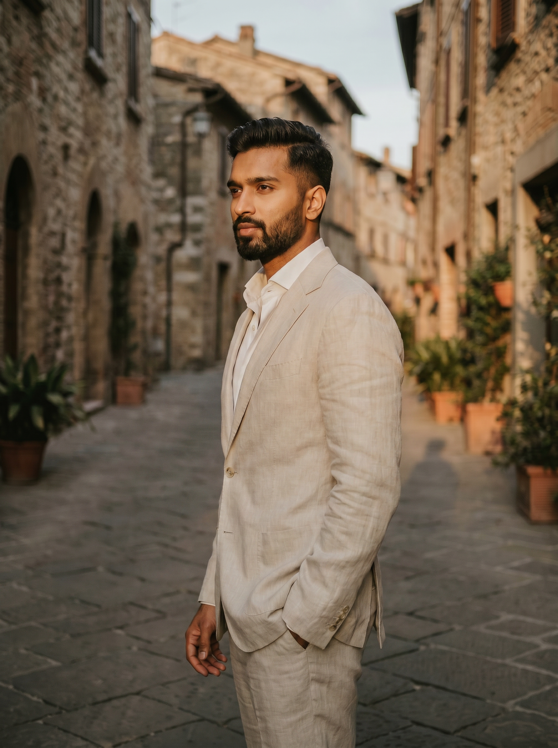 Ecru Linen Suit — Custom Made to Measure - side view