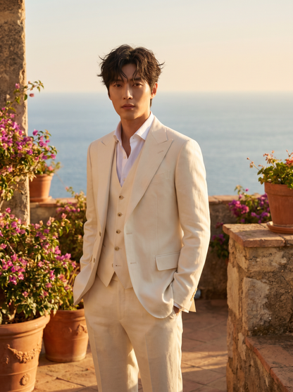 Ecru Silk Blend 3-Piece Suit — Custom Made to Measure - front view