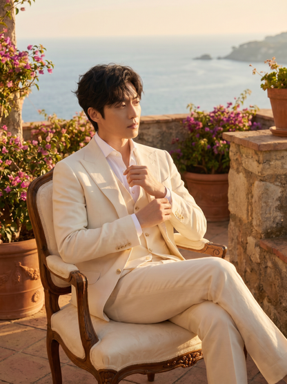 Ecru Silk Blend 3-Piece Suit — Custom Made to Measure - seated view