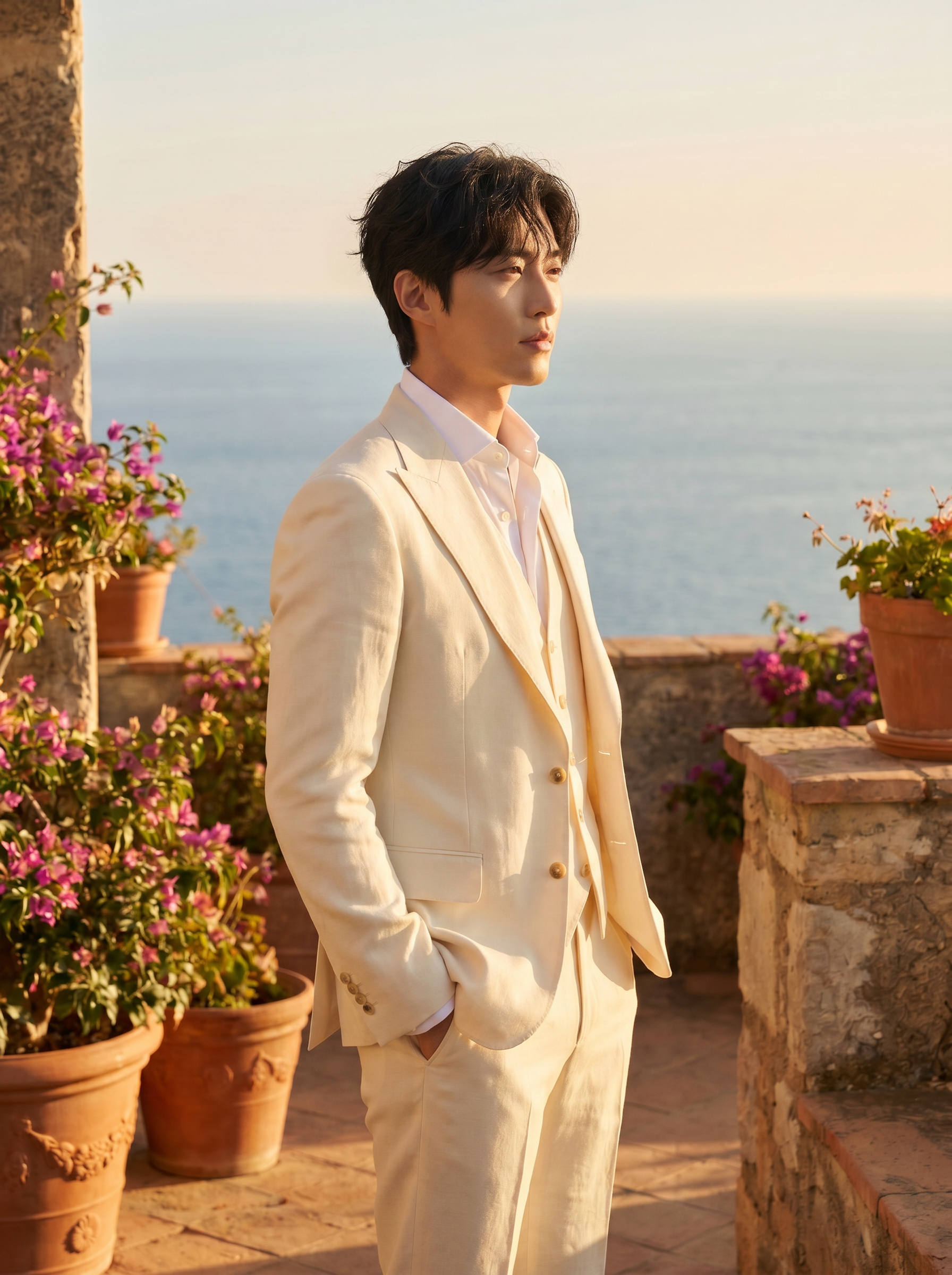 Ecru Silk Blend 3-Piece Suit — Custom Made to Measure - side view