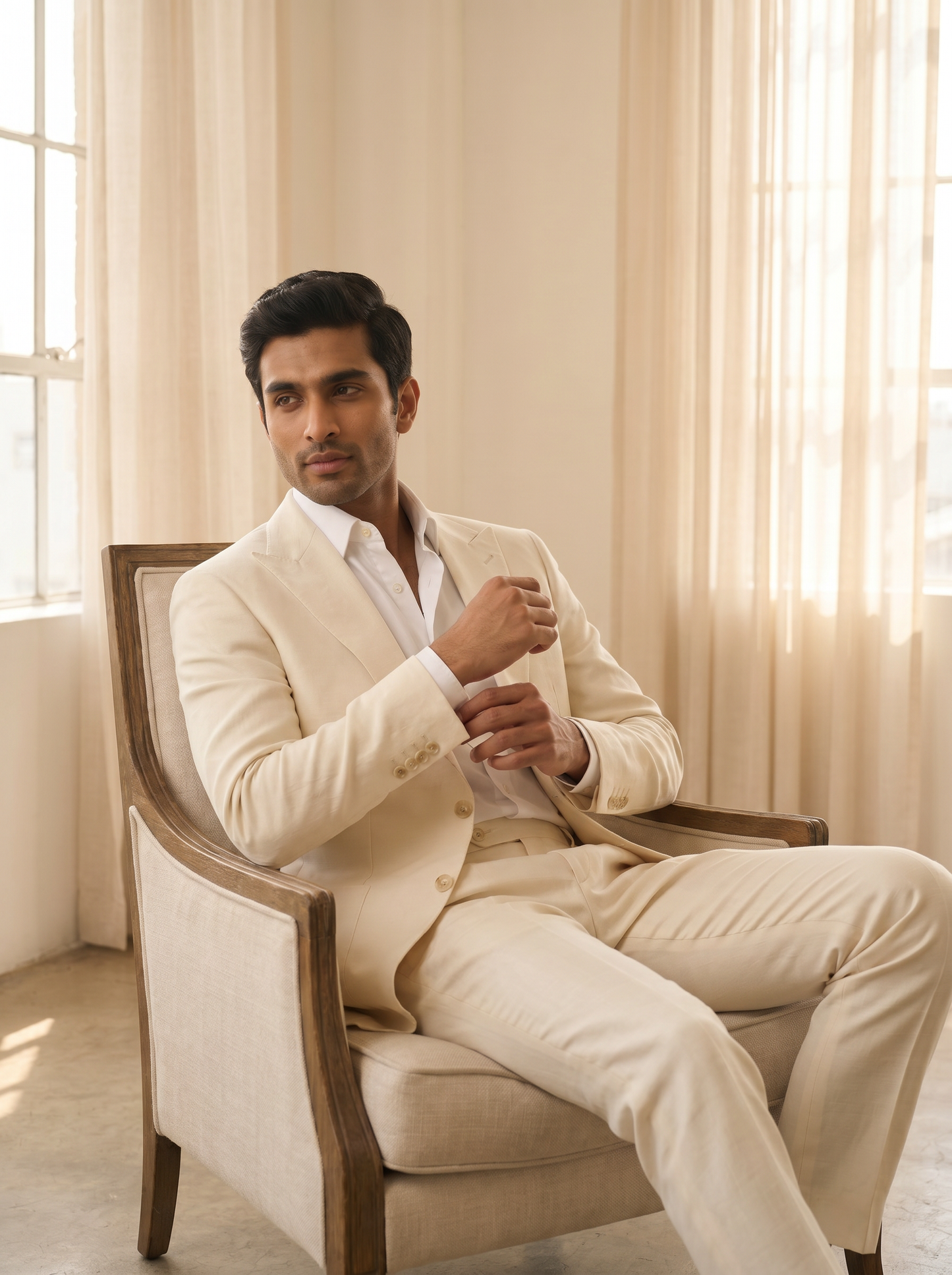 Ecru Silk Blend Suit — Custom Made to Measure - seated view