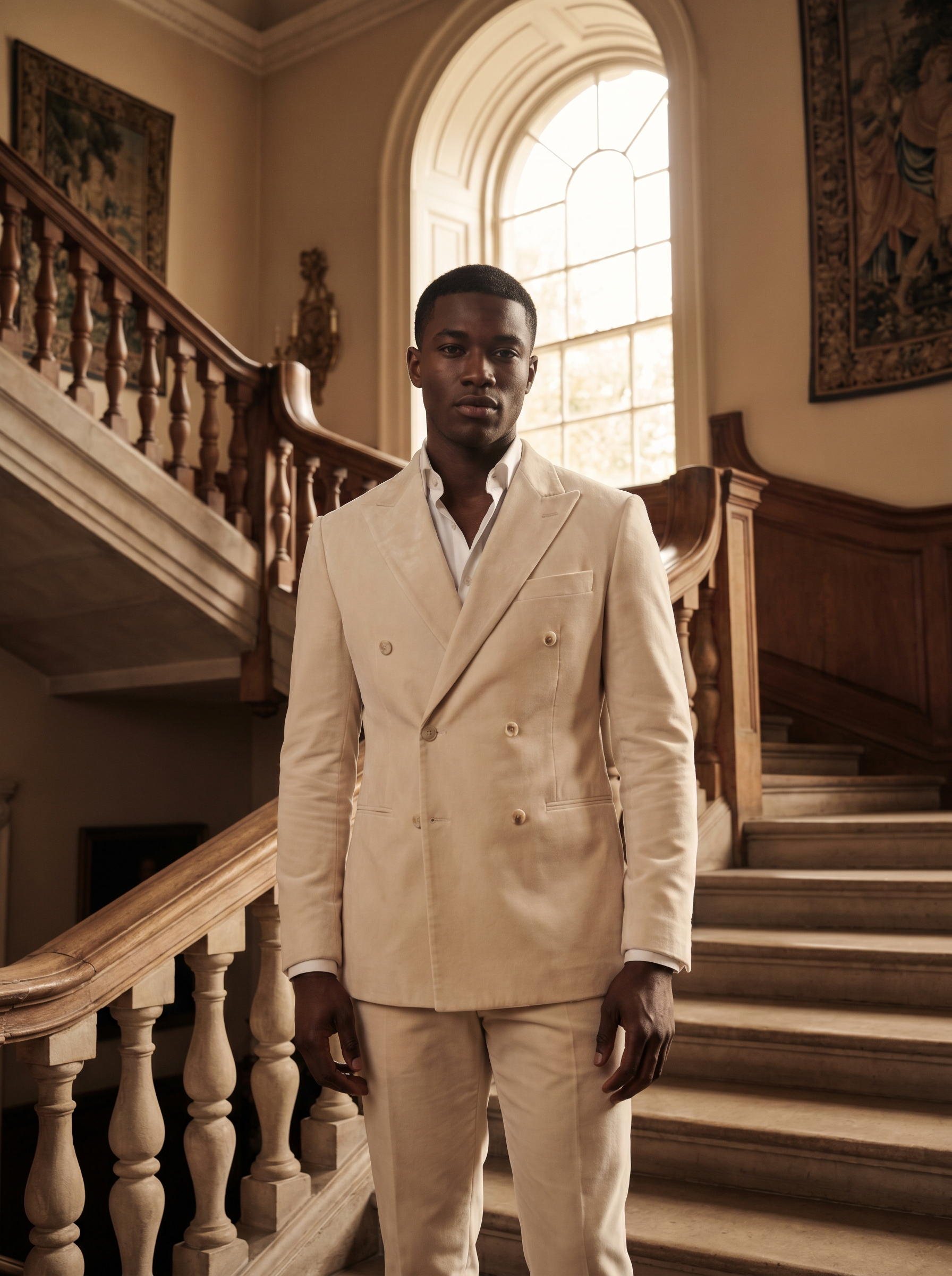 Ecru Velvet Double Breasted Suit — Custom Made to Measure - front view