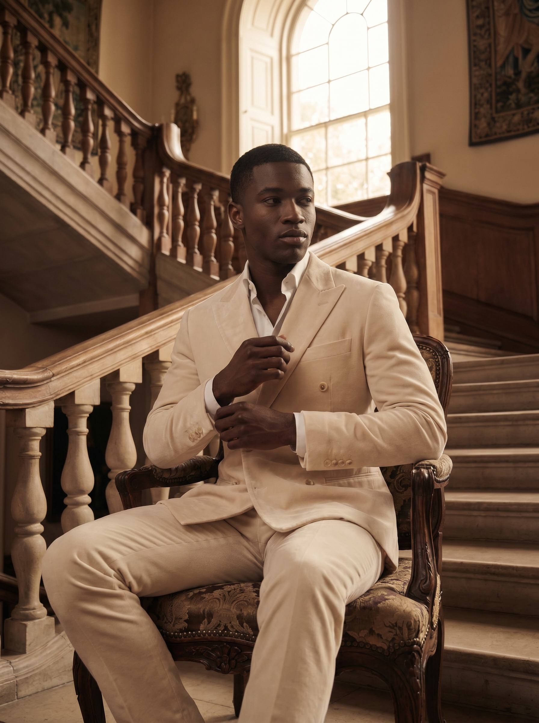 Ecru Velvet Double Breasted Suit — Custom Made to Measure - seated view