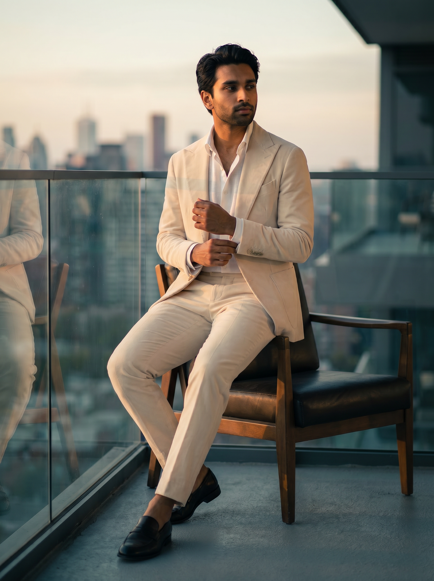 Ecru Velvet Suit — Custom Made to Measure - seated view