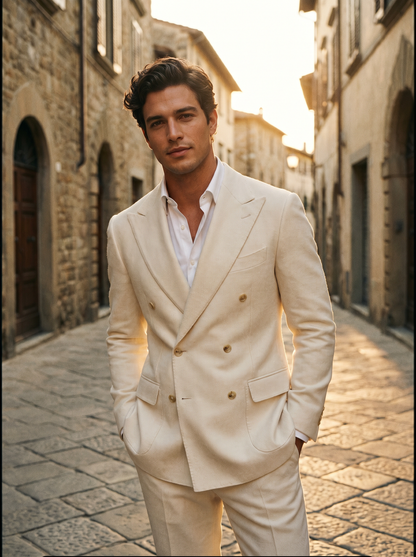 Ecru Wool Double Breasted Suit — Custom Made to Measure - front view