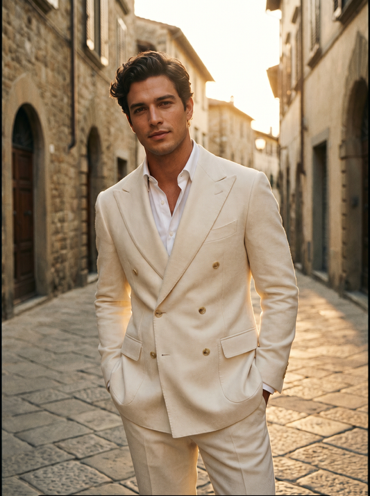 Ecru Wool Double Breasted Suit — Custom Made to Measure - front view