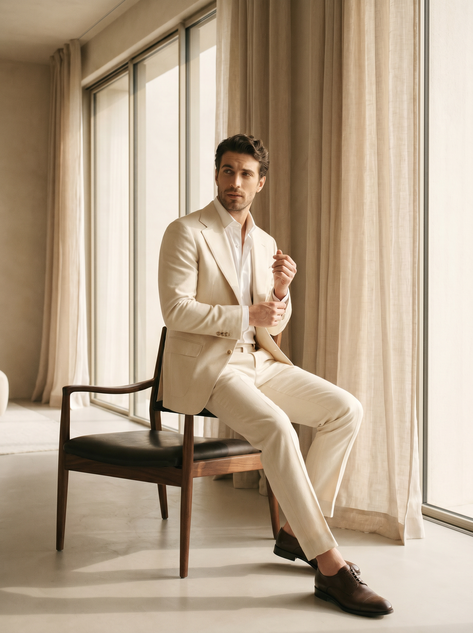 Ecru Wool Groomsmen Suit — Custom Made to Measure - seated view