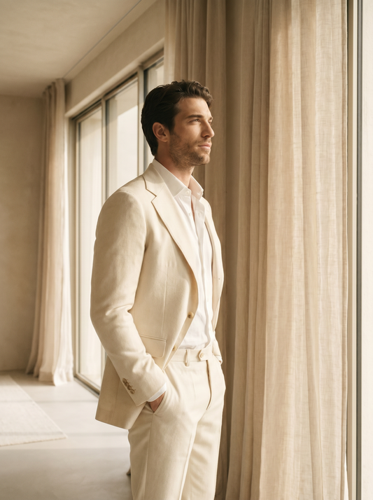 Ecru Wool Groomsmen Suit — Custom Made to Measure - side view