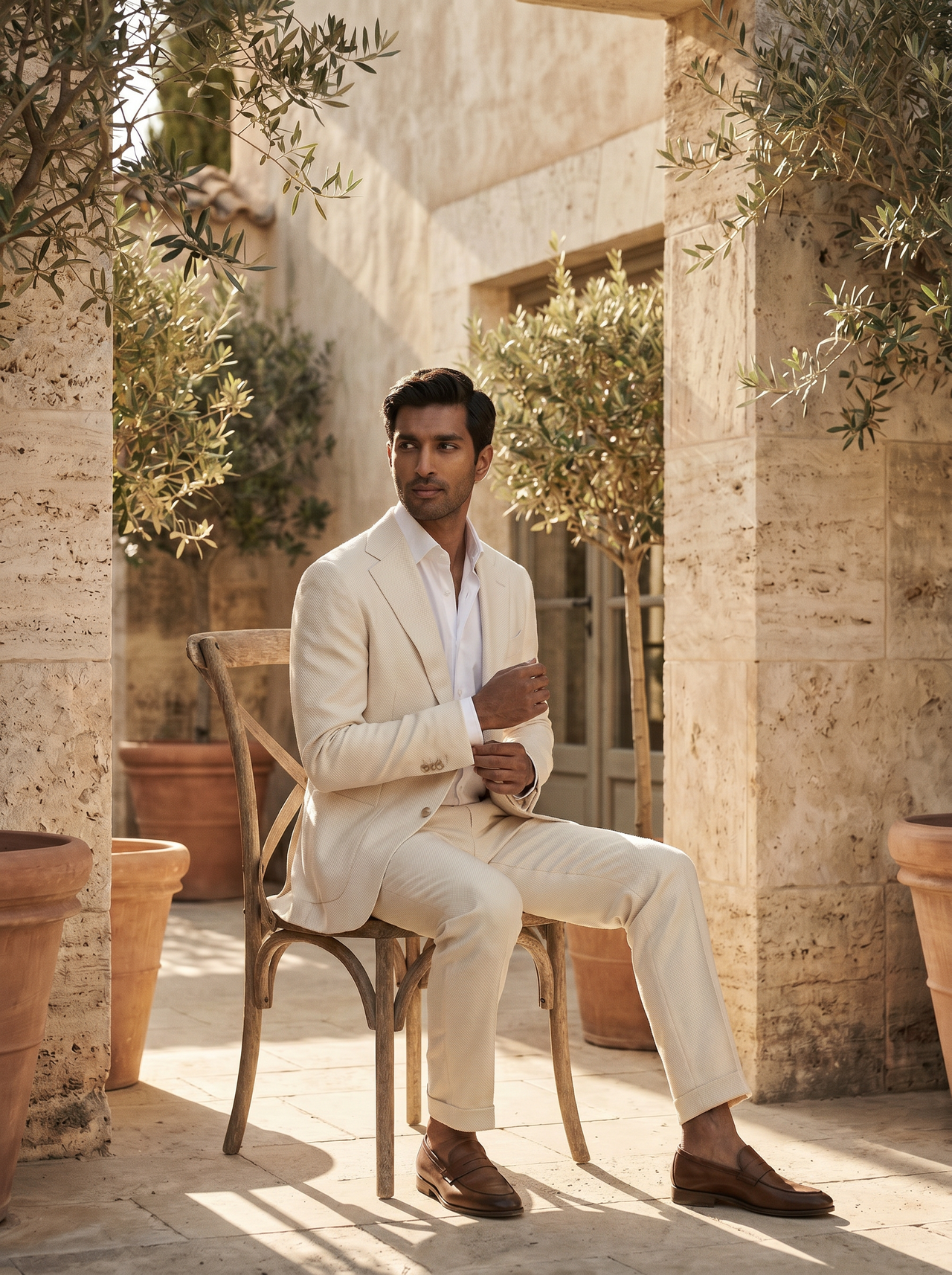 Ecru Wool Suit — Custom Made to Measure - seated view