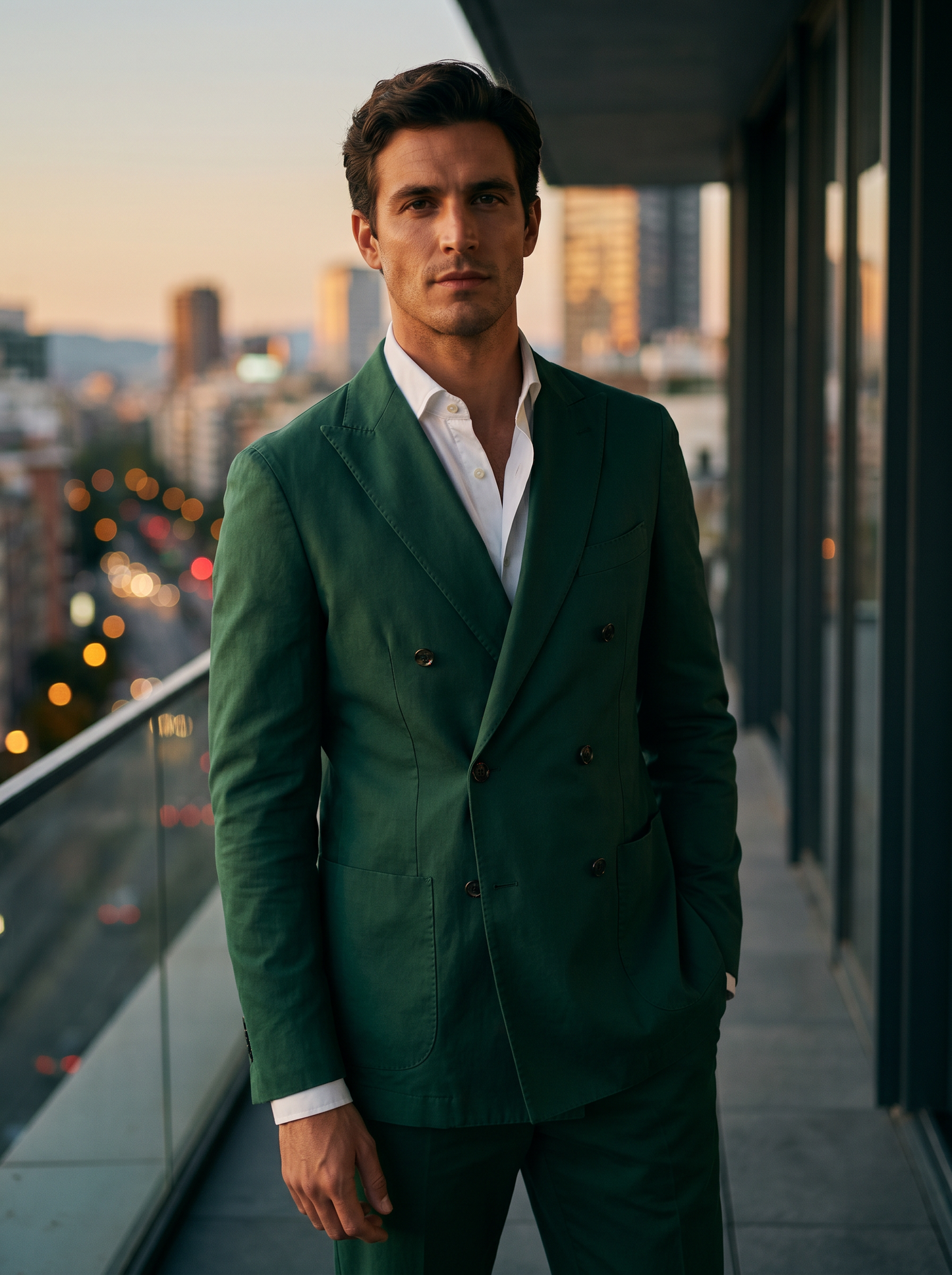 Emerald Green Cotton Double Breasted Suit — Custom Made to Measure - front view