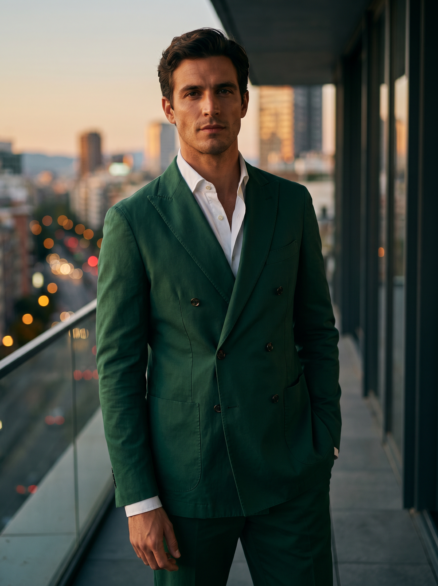 Emerald Green Cotton Double Breasted Suit — Custom Made to Measure - front view