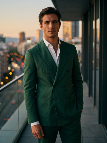 Emerald Green Cotton Double Breasted Suit — Custom Made to Measure - front view