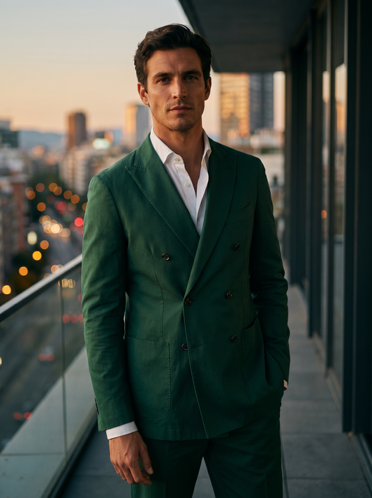 Emerald Green Cotton Double Breasted Suit — Custom Made to Measure - front view
