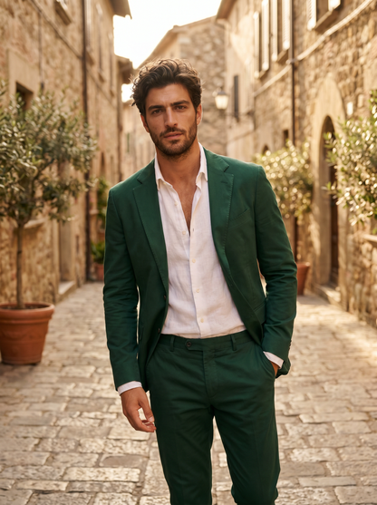 Emerald Green Cotton Groomsmen Suit — Custom Made to Measure - front view