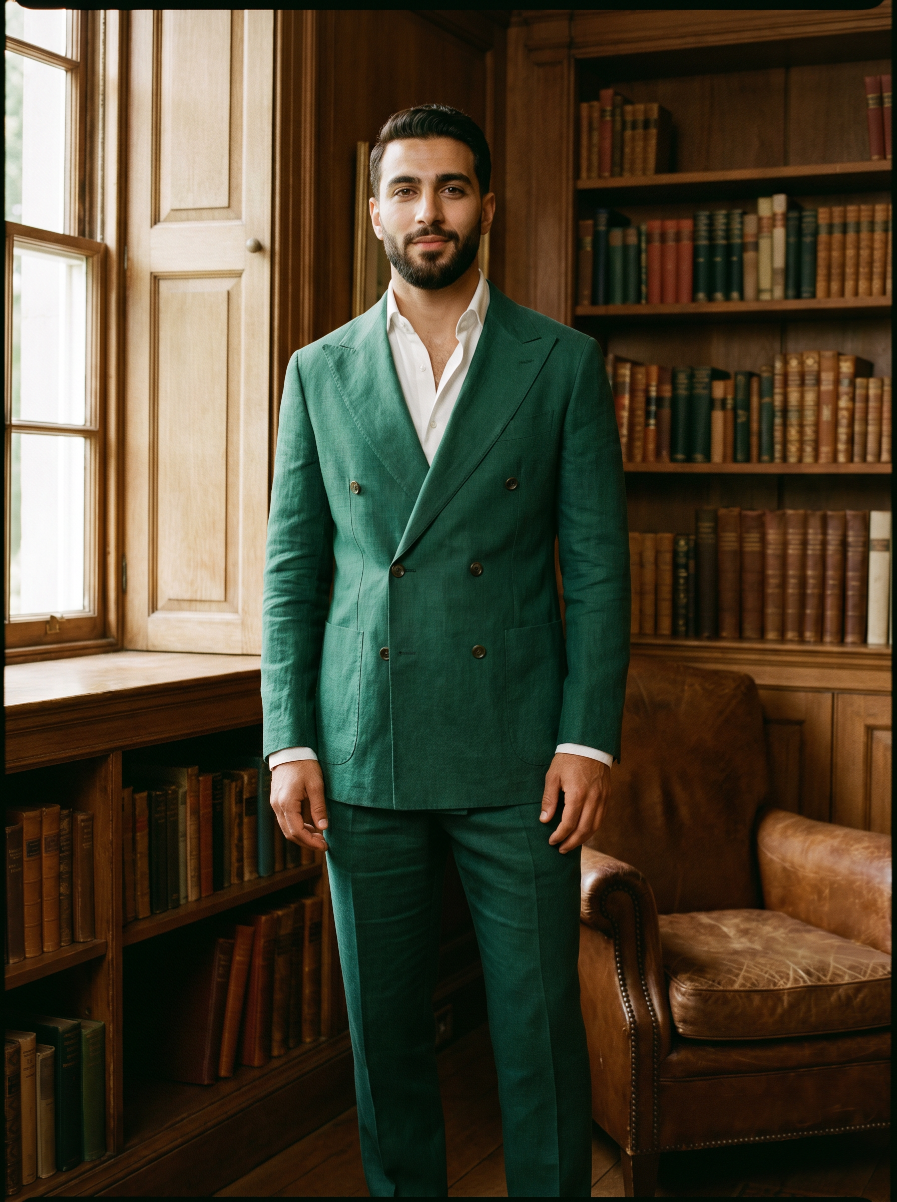 Emerald Green Linen Double Breasted Suit — Custom Made to Measure - front view