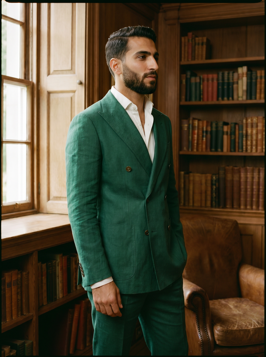 Emerald Green Linen Double Breasted Suit — Custom Made to Measure - side view