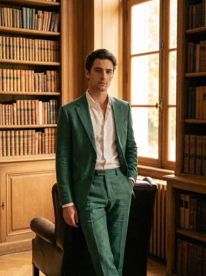 Emerald Green Linen Groomsmen Suit — Custom Made to Measure - front view