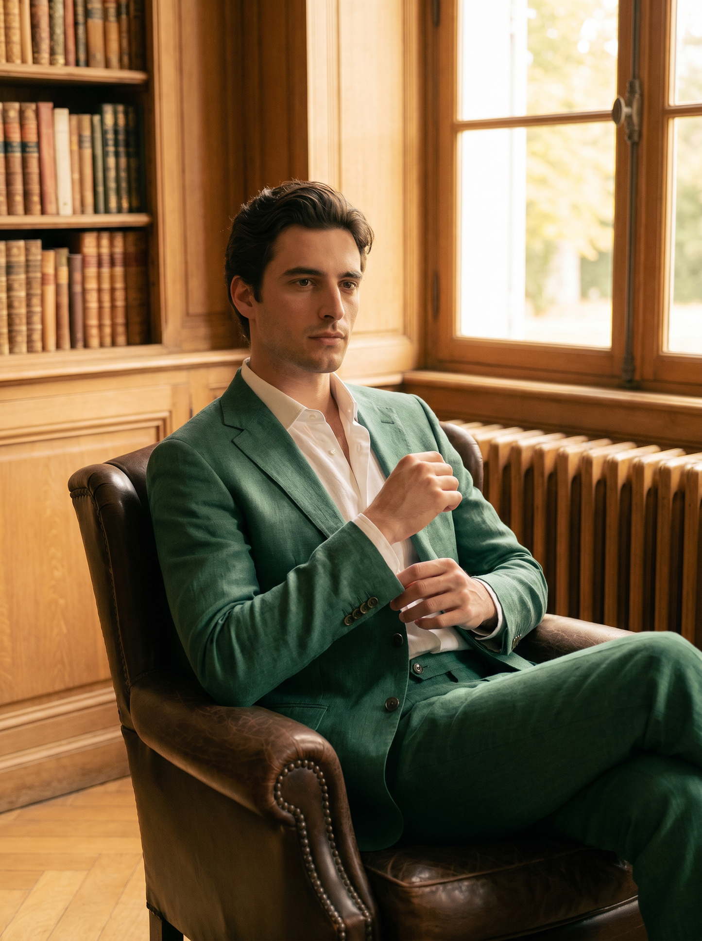 Emerald Green Linen Groomsmen Suit — Custom Made to Measure - seated view