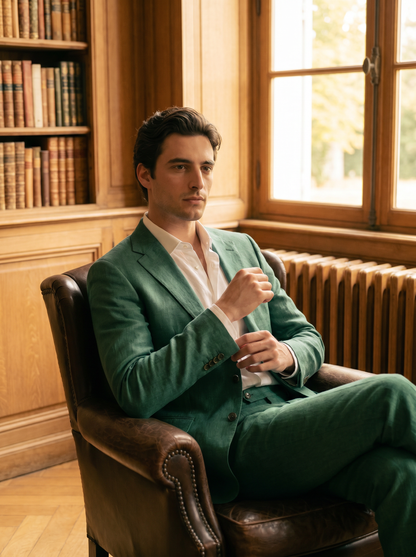Emerald Green Linen Groomsmen Suit — Custom Made to Measure - seated view