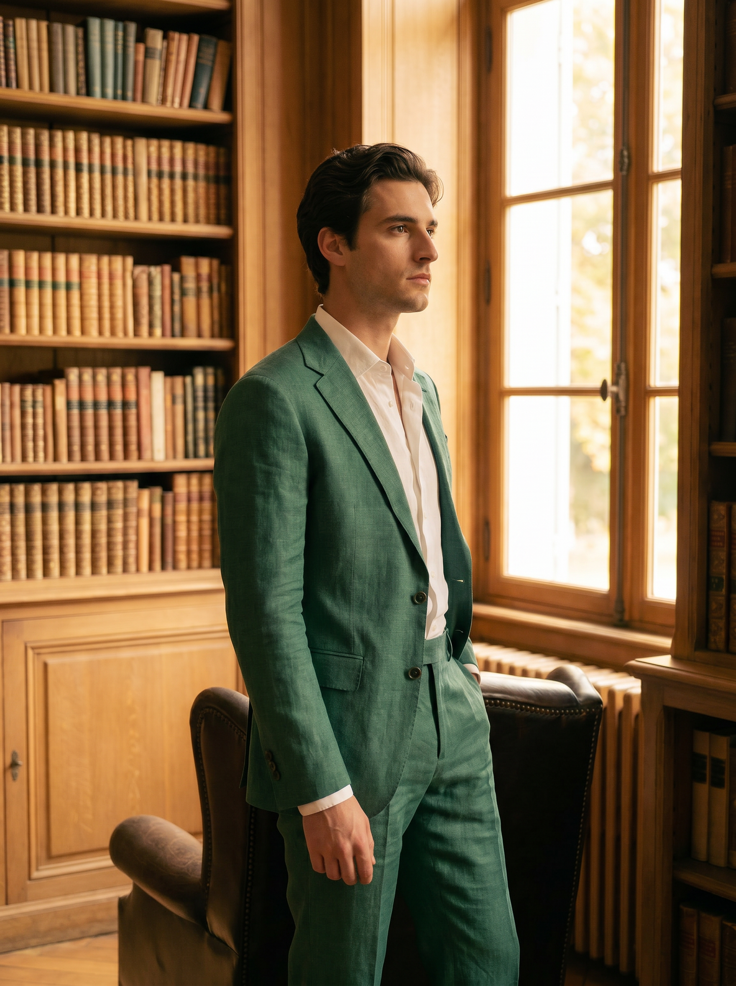 Emerald Green Linen Groomsmen Suit — Custom Made to Measure - side view
