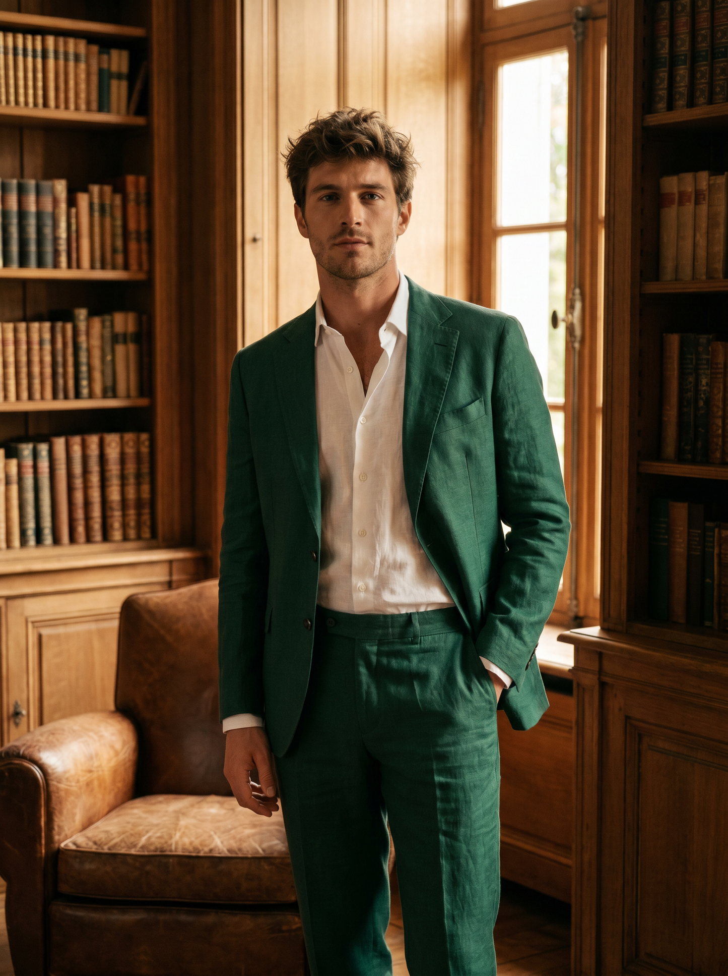 Emerald Green Linen Suit — Custom Made to Measure - front view