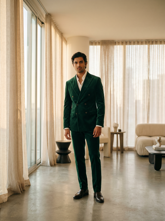 Emerald Green Velvet Double Breasted Suit — Custom Made to Measure - front view