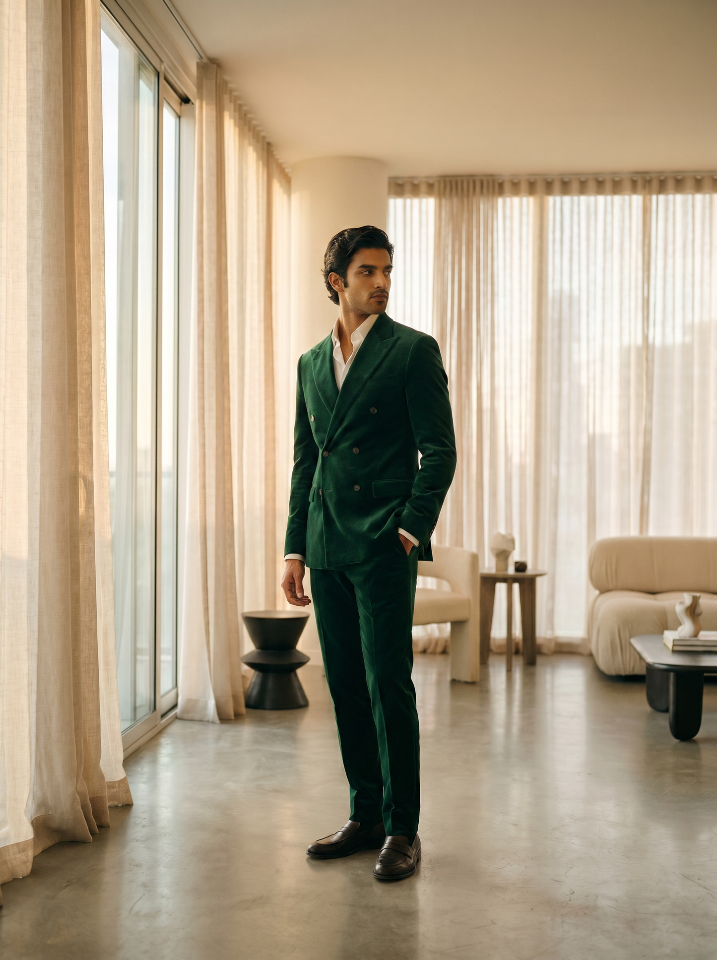 Emerald Green Velvet Double Breasted Suit — Custom Made to Measure - side view