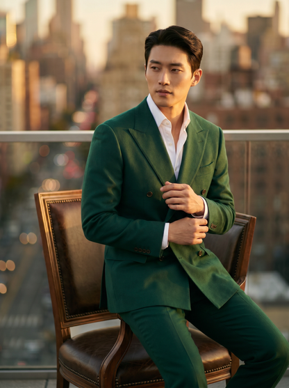 Emerald Green Wool Double Breasted Suit — Custom Made to Measure - seated view