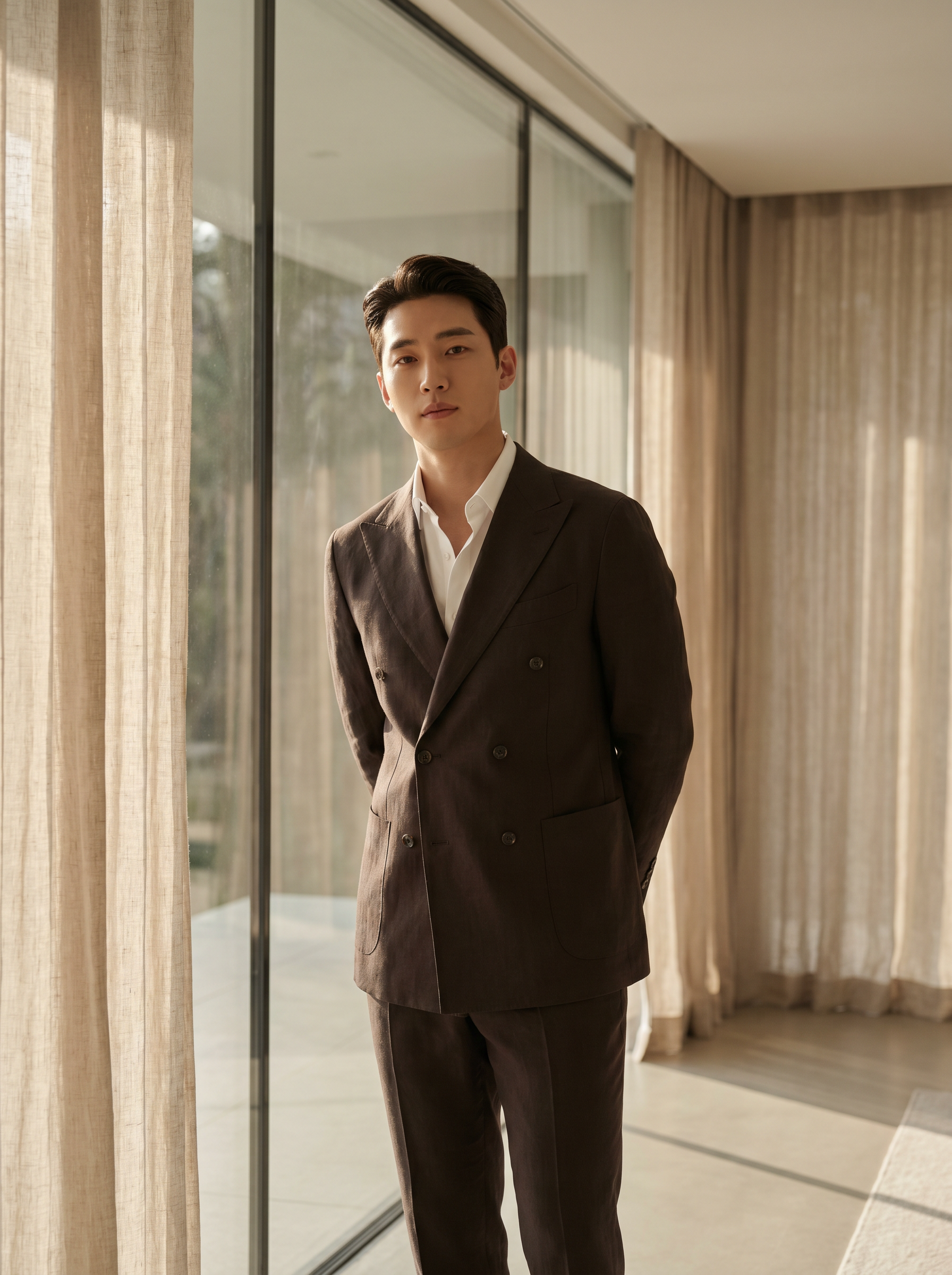 Espresso Linen Double Breasted Suit — Custom Made to Measure - front view