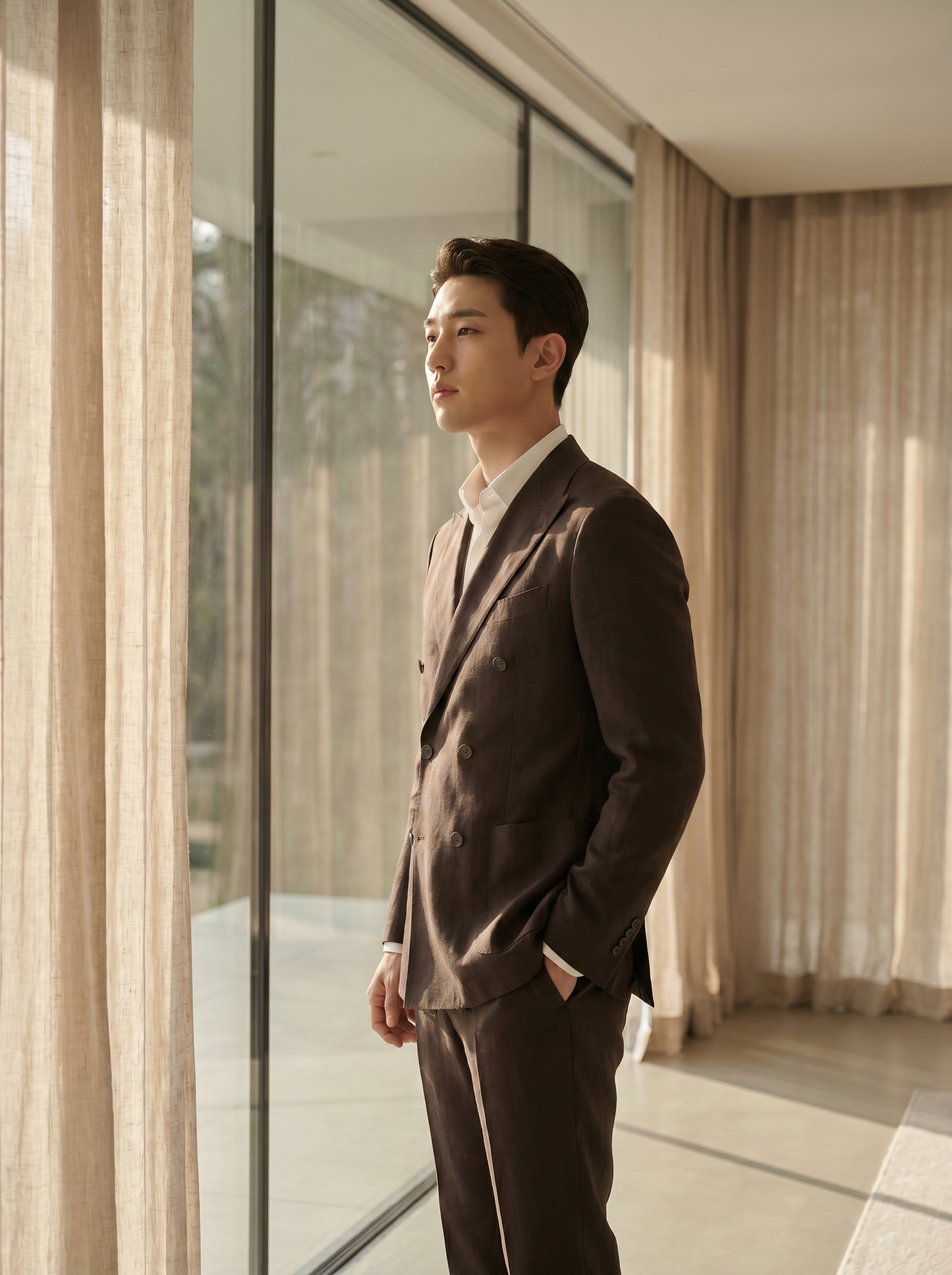 Espresso Linen Double Breasted Suit — Custom Made to Measure - side view