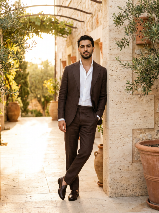 Espresso Linen Groomsmen Suit — Custom Made to Measure - front view