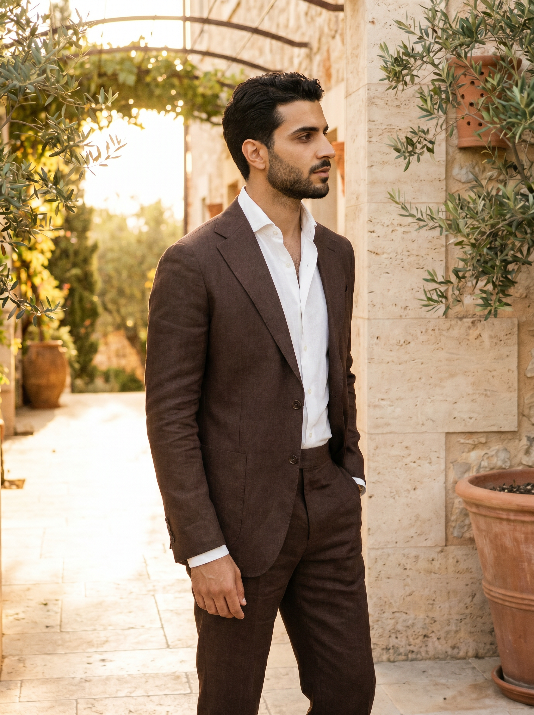 Espresso Linen Groomsmen Suit — Custom Made to Measure - side view