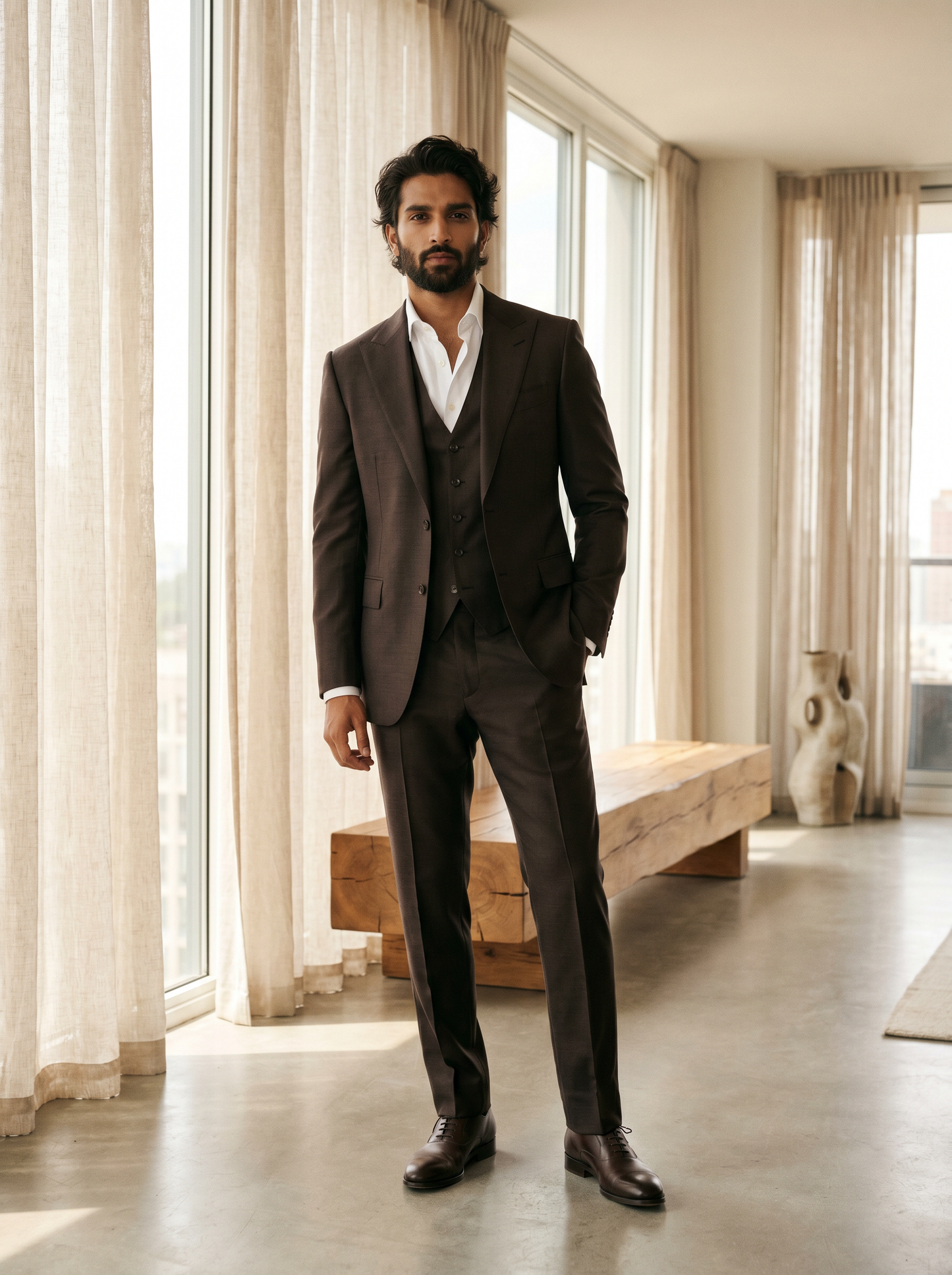 Espresso Silk Blend 3-Piece Suit — Custom Made to Measure - front view