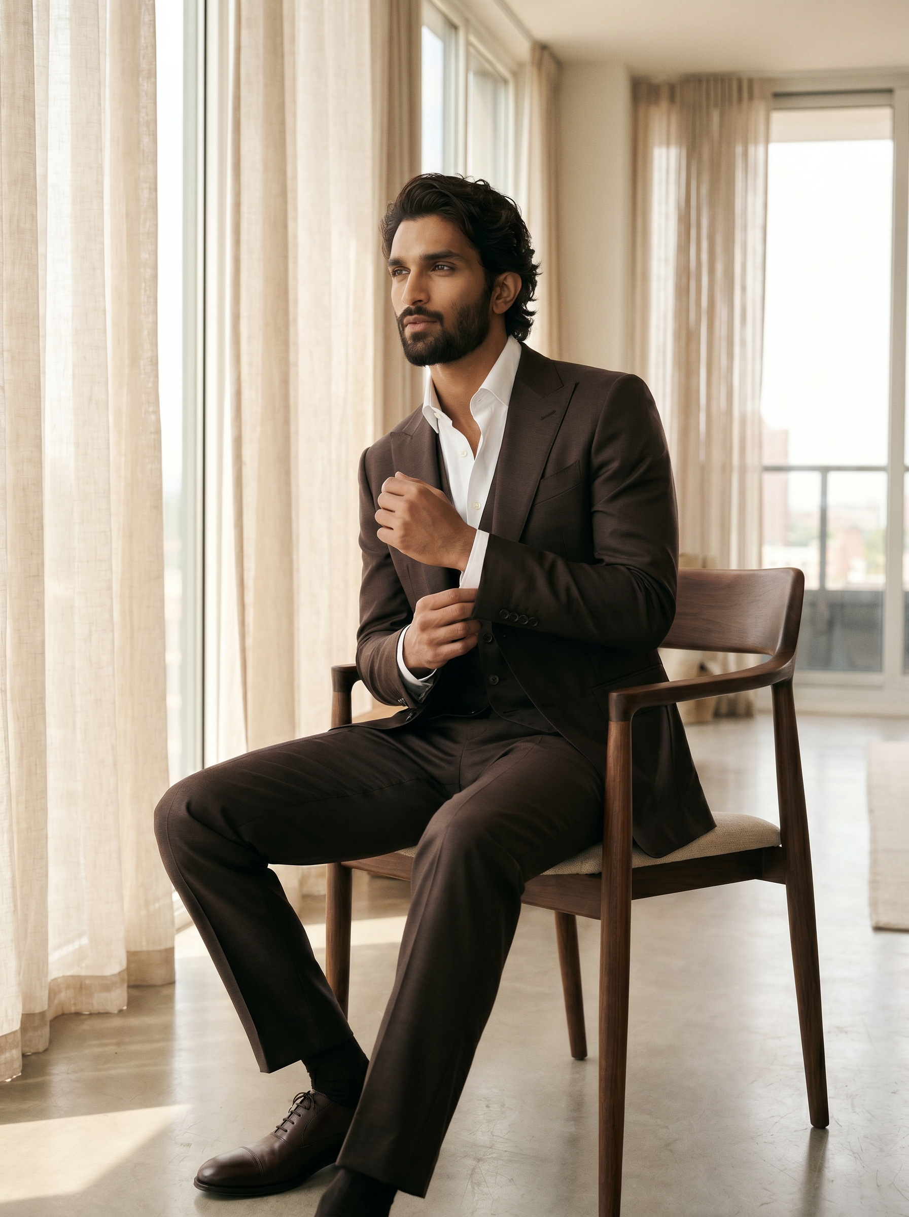 Espresso Silk Blend 3-Piece Suit — Custom Made to Measure - seated view