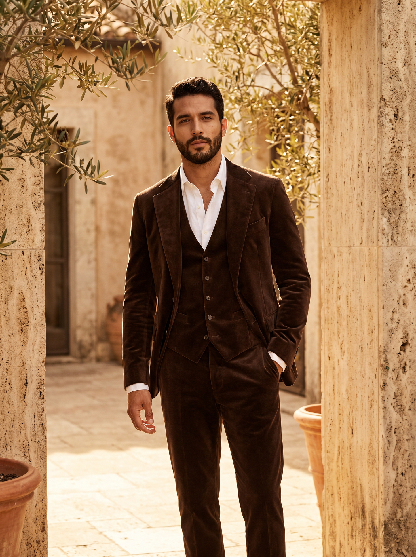 Espresso Velvet 3-Piece Suit — Custom Made to Measure - front view