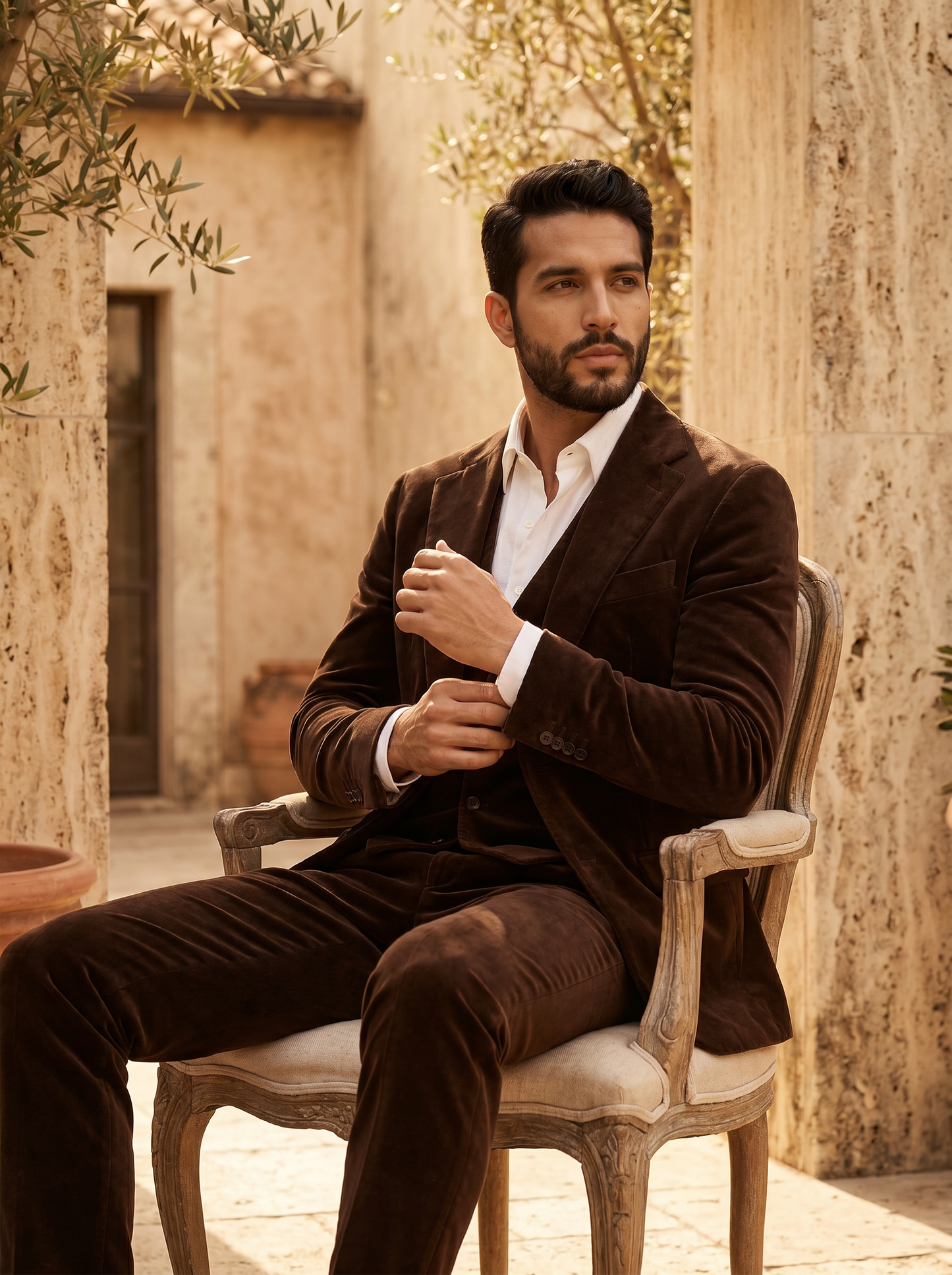 Espresso Velvet 3-Piece Suit — Custom Made to Measure - seated view