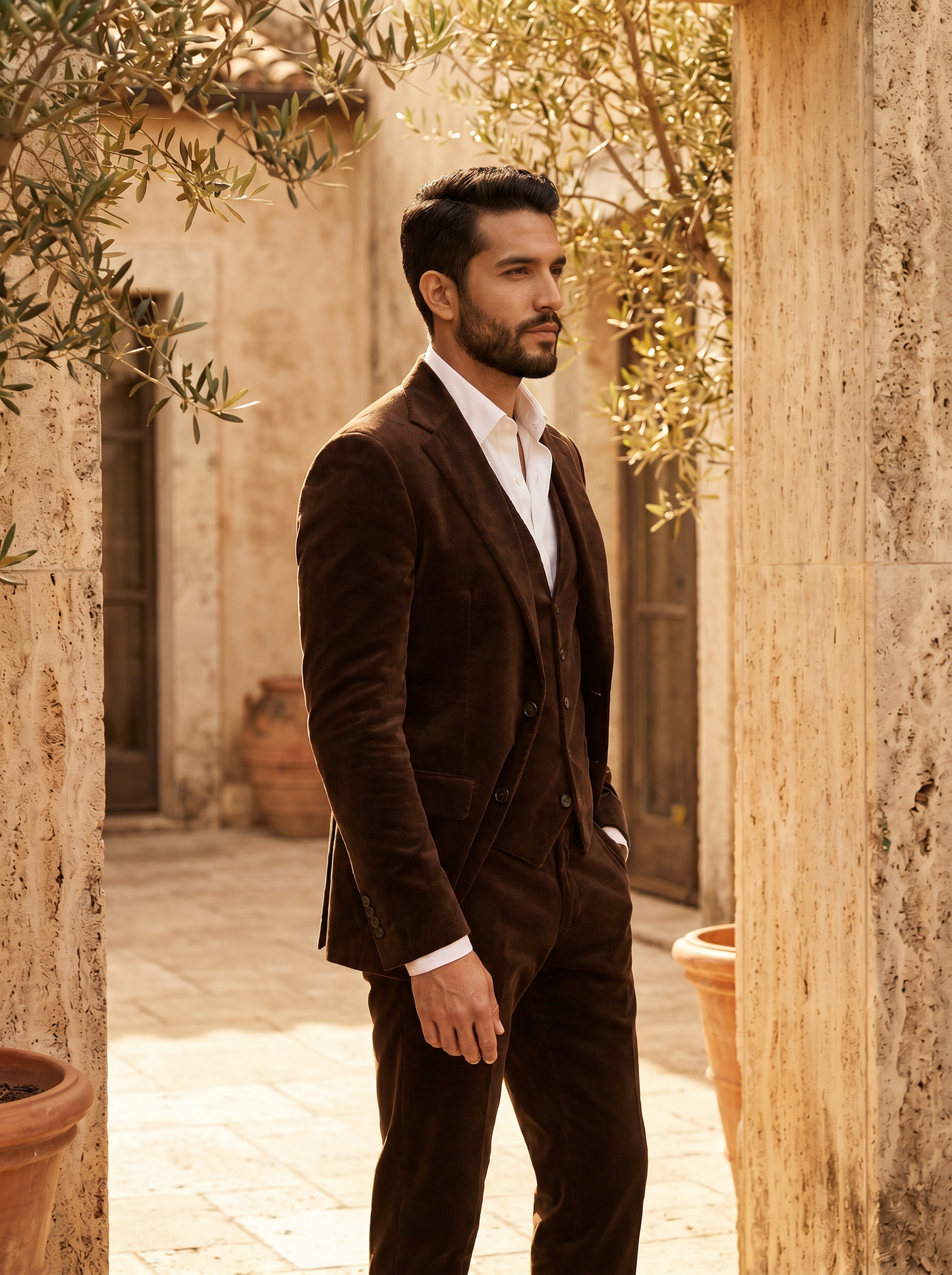 Espresso Velvet 3-Piece Suit — Custom Made to Measure - side view