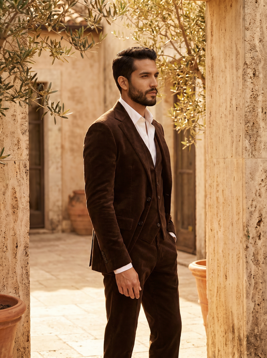 Espresso Velvet 3-Piece Suit — Custom Made to Measure - side view