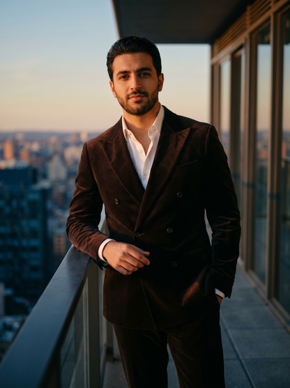 Espresso Velvet Double Breasted Suit — Custom Made to Measure - front view