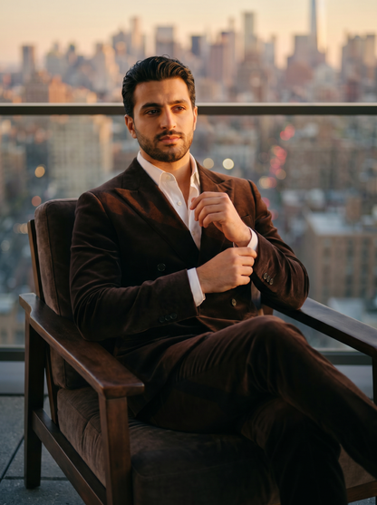 Espresso Velvet Double Breasted Suit — Custom Made to Measure - seated view