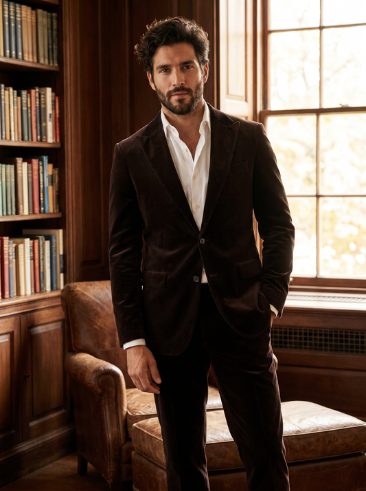 Espresso Velvet Groomsmen Suit — Custom Made to Measure - front view