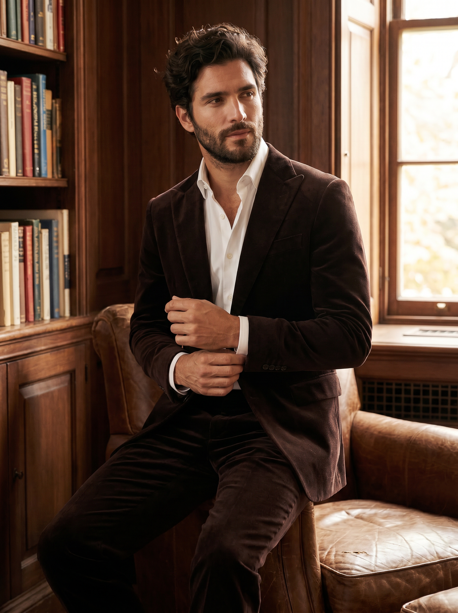 Espresso Velvet Groomsmen Suit — Custom Made to Measure - seated view